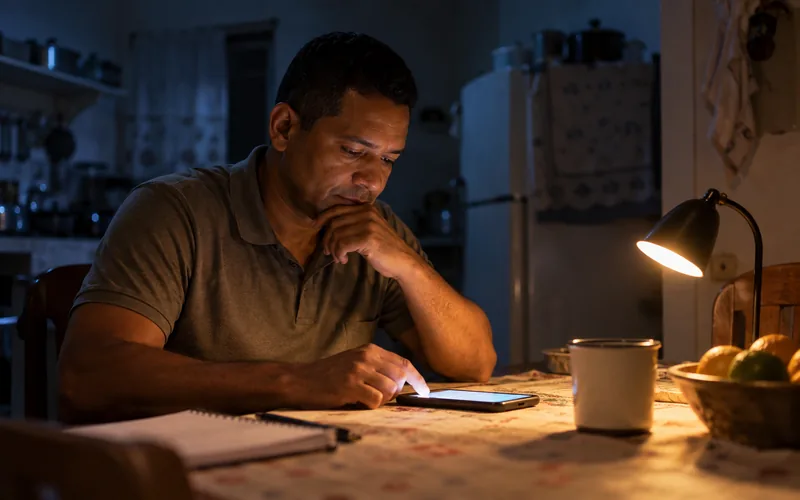 Homem adulto estudando pelo celular na mesa da cozinha, à noite, sob a luz de uma luminária