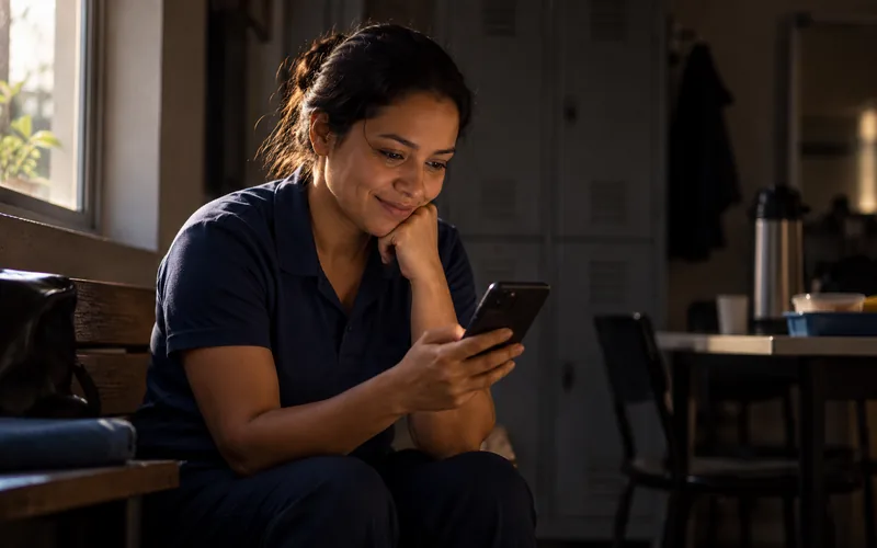 Mulher de uniforme de trabalho, sentada no intervalo, sorrindo ao olhar o celular