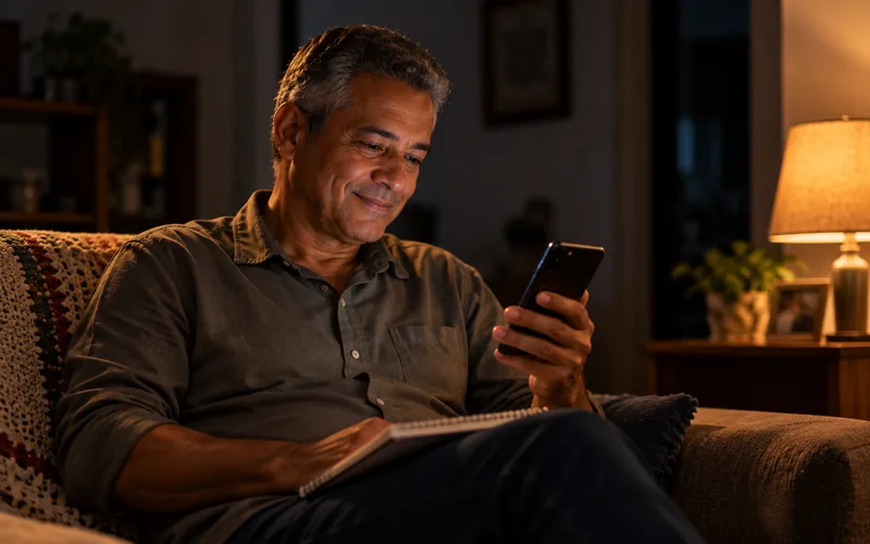 Homem de cerca de 55 anos sorrindo no sofá de casa, com um caderno no colo e o celular na mão