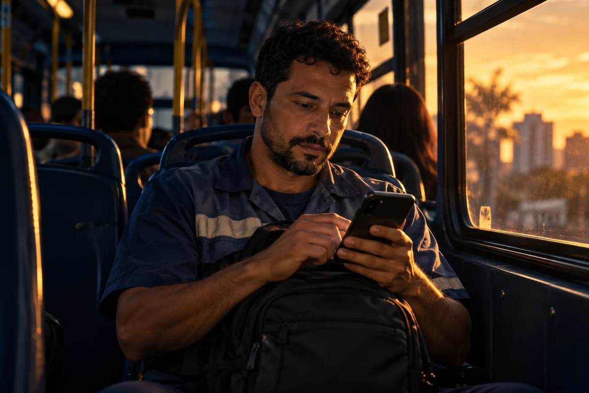 Homem de uniforme de trabalho estudando pelo celular no ônibus, no fim da tarde.